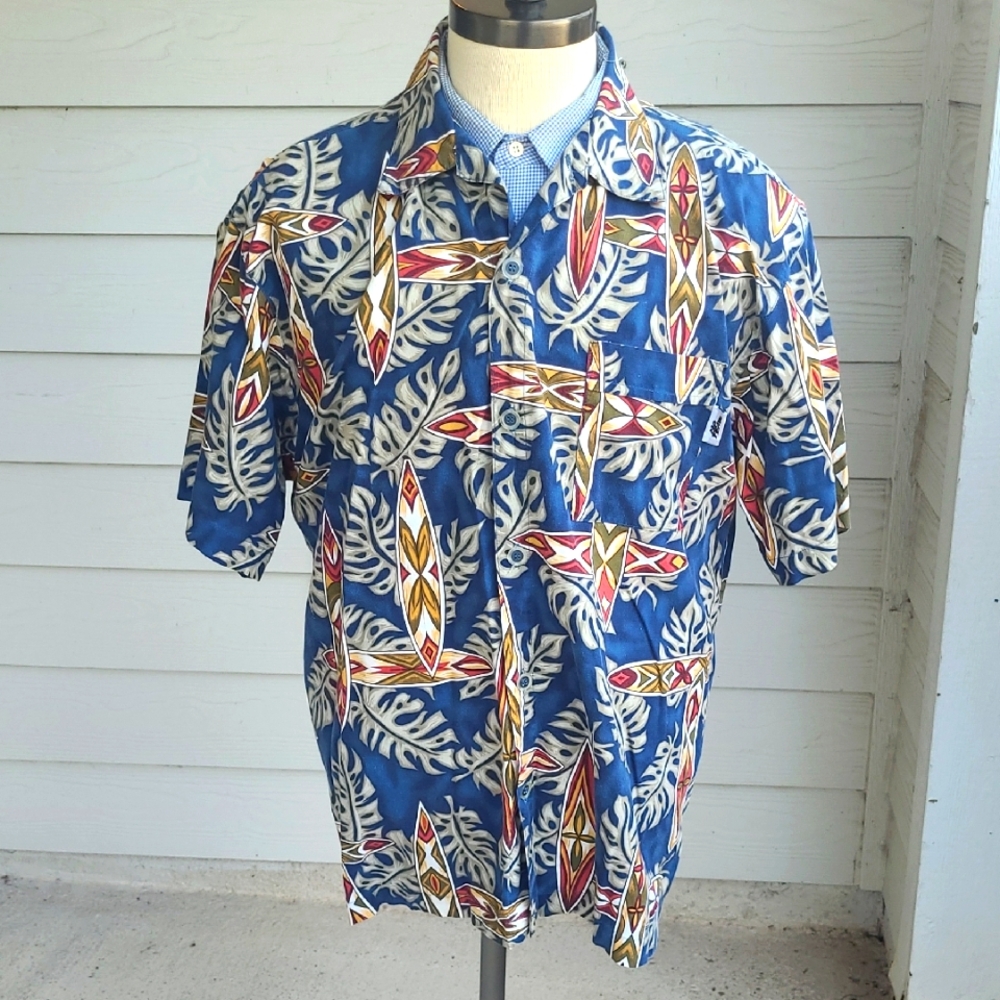 NO FEAR Floral Surfboard Blue Grey Sz L Mens‎ Short Sleeve Hawaiian Shirt VTG